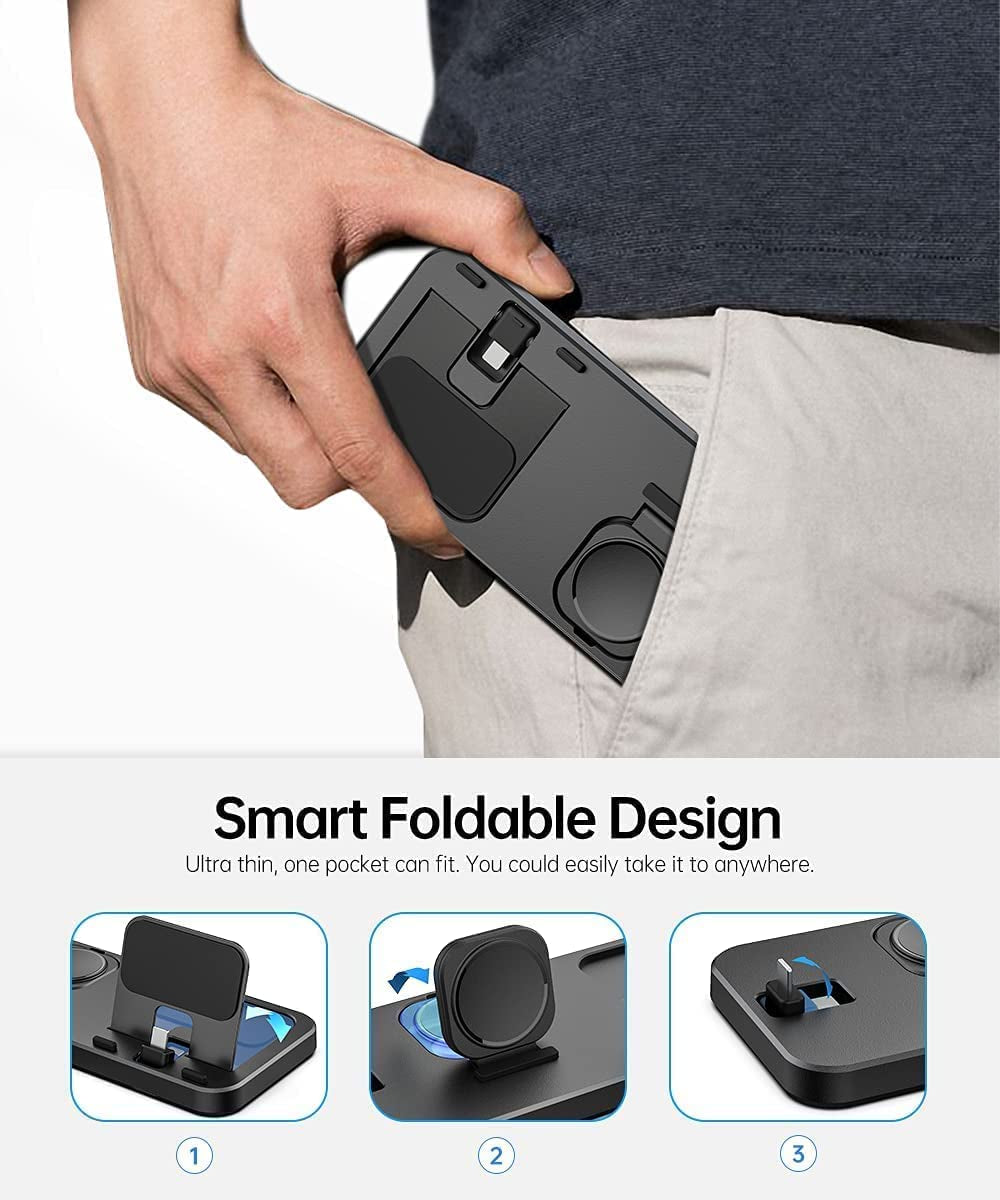 Portable 3 in 1 Charging Station for Apple Devices Foldable Charger Station for Apple Watch 7/6/SE/5/4/3/2/1 Charger Stand, Charging Station for Iphone Airpods Pro3/2/1 Charging Stand Black