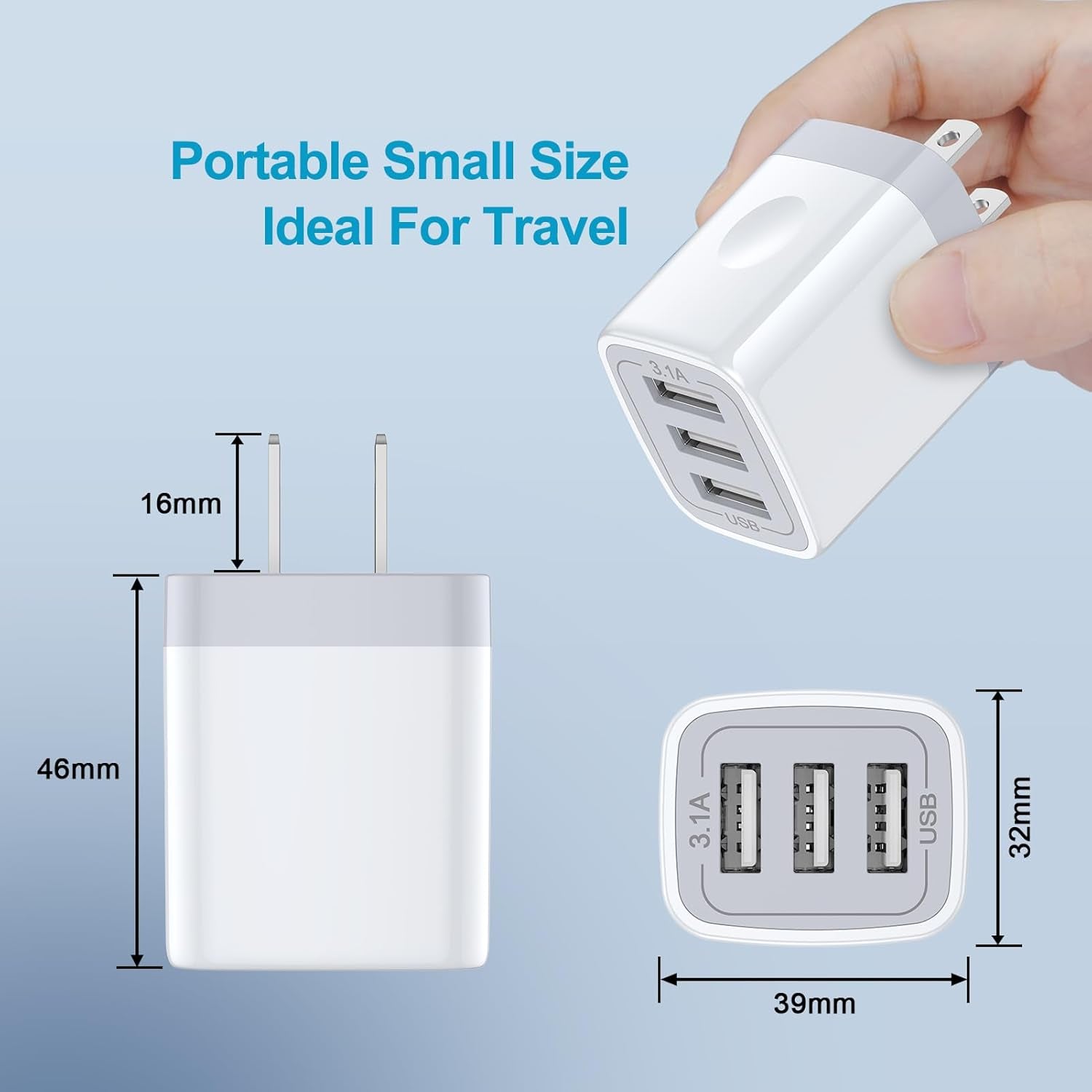 USB Wall Charger,  2Pack Wall Plug 3-Port USB Charging Station 3.1A Power Adapter Multi Port Quick Charger Block Cube for Iphone 15 14 13 12 11 Pro XS MAX 8 Plus,Ipad,Samsung Galaxy S23 S22 S21