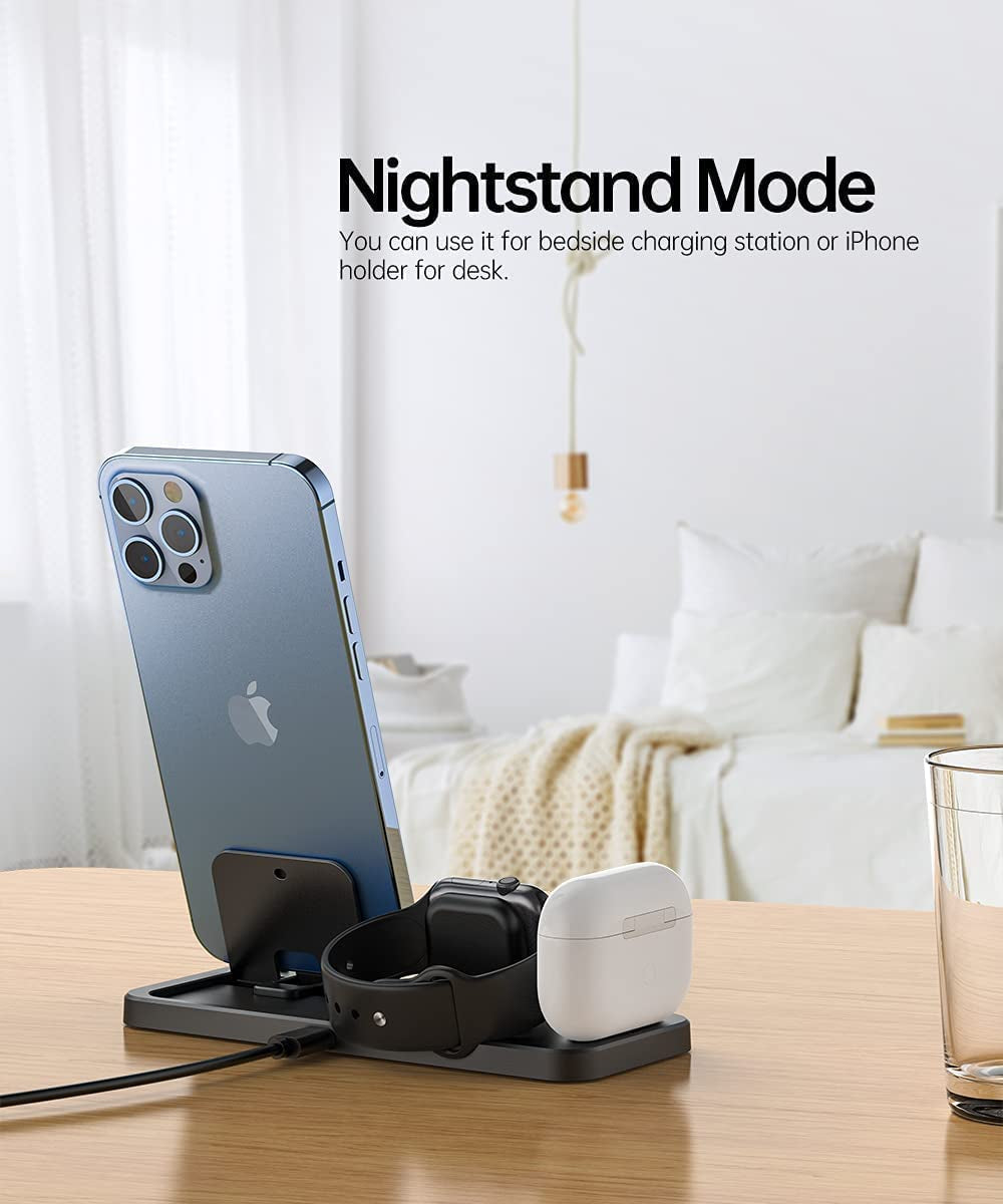 Portable 3 in 1 Charging Station for Apple Devices Foldable Charger Station for Apple Watch 7/6/SE/5/4/3/2/1 Charger Stand, Charging Station for Iphone Airpods Pro3/2/1 Charging Stand Black