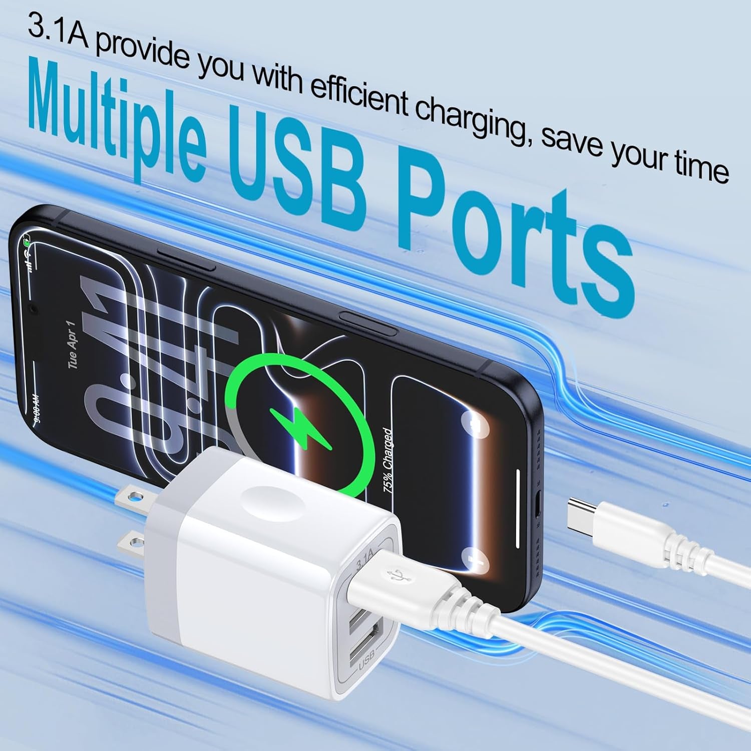 USB Wall Charger,  2Pack Wall Plug 3-Port USB Charging Station 3.1A Power Adapter Multi Port Quick Charger Block Cube for Iphone 15 14 13 12 11 Pro XS MAX 8 Plus,Ipad,Samsung Galaxy S23 S22 S21