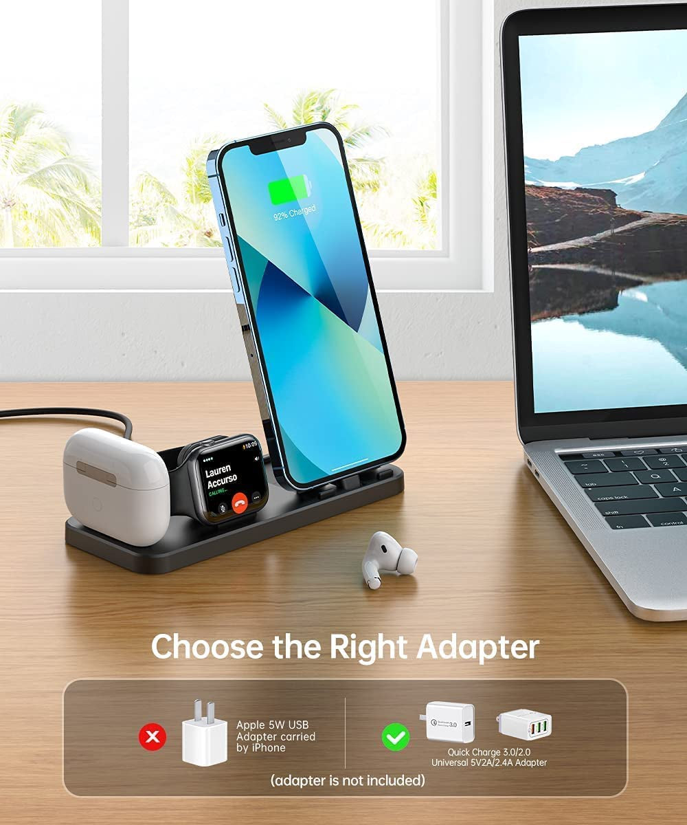 Portable 3 in 1 Charging Station for Apple Devices Foldable Charger Station for Apple Watch 7/6/SE/5/4/3/2/1 Charger Stand, Charging Station for Iphone Airpods Pro3/2/1 Charging Stand Black