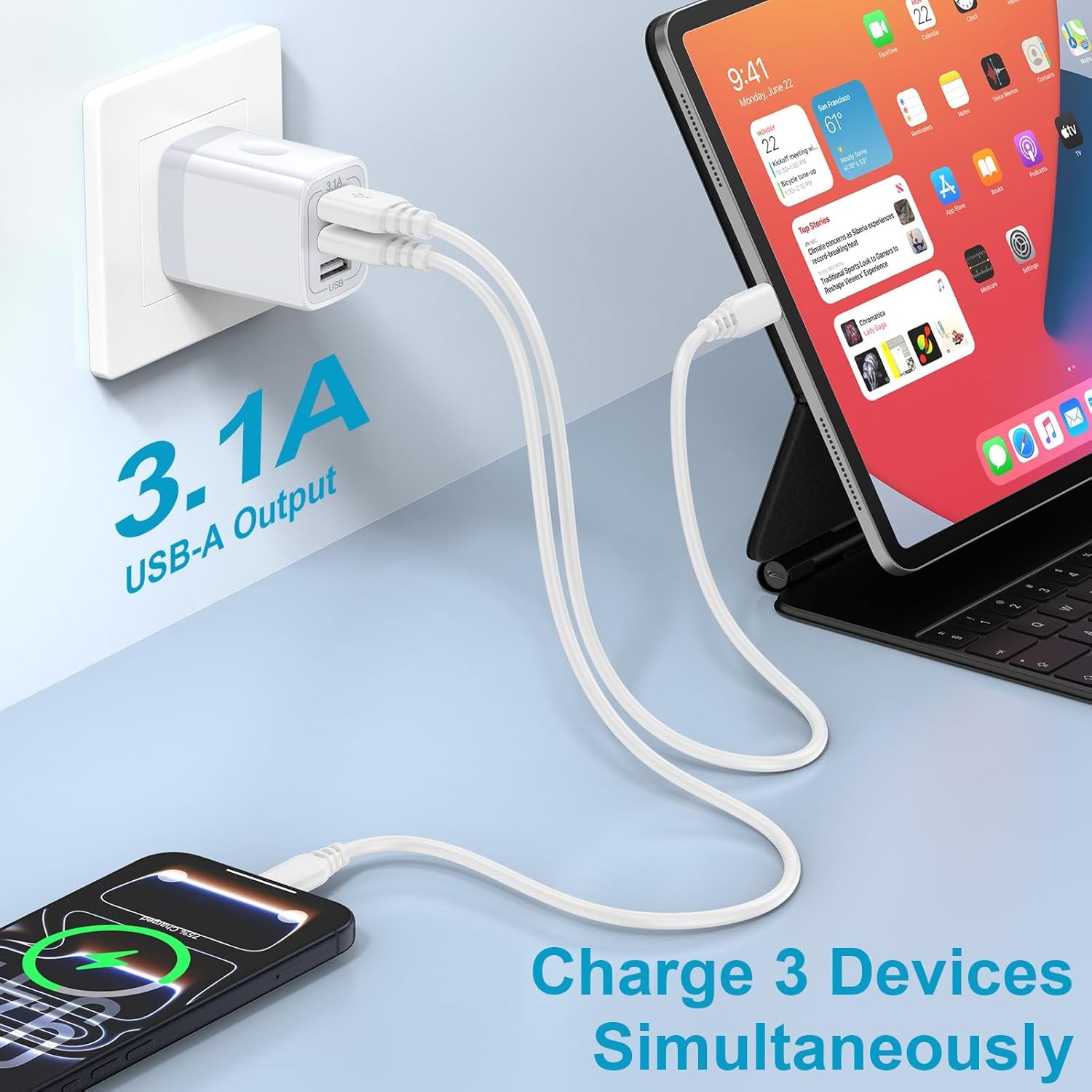 USB Wall Charger,  2Pack Wall Plug 3-Port USB Charging Station 3.1A Power Adapter Multi Port Quick Charger Block Cube for Iphone 15 14 13 12 11 Pro XS MAX 8 Plus,Ipad,Samsung Galaxy S23 S22 S21